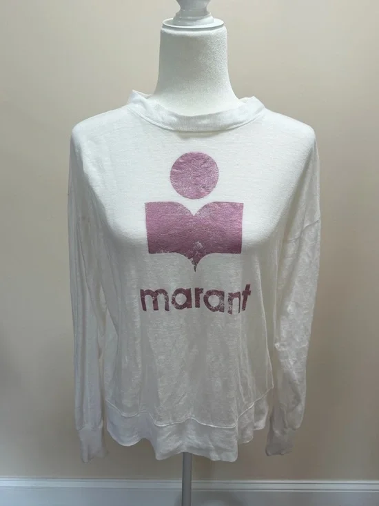 Isabel Marant Etoile White w Pink Logo Linen Slub Crew Neck Klowia Top Sz. M - Picture 2 of 7